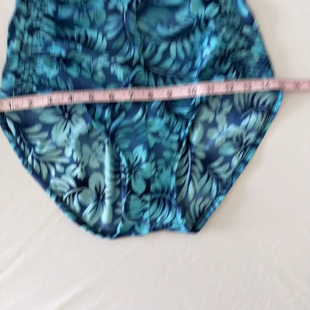 Vtg Maxine of Hollywood Sz 12 Blue Floral One Piece Swimsuit Ruched Tropical 90s
